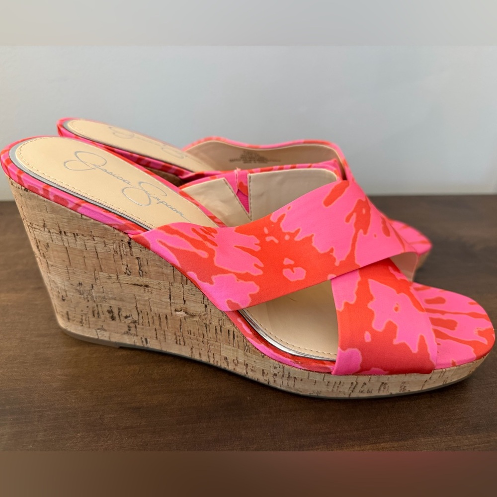 Jessica Simpson Vibrant Silk Floral Bright Pink and Orange Wedges sz 12